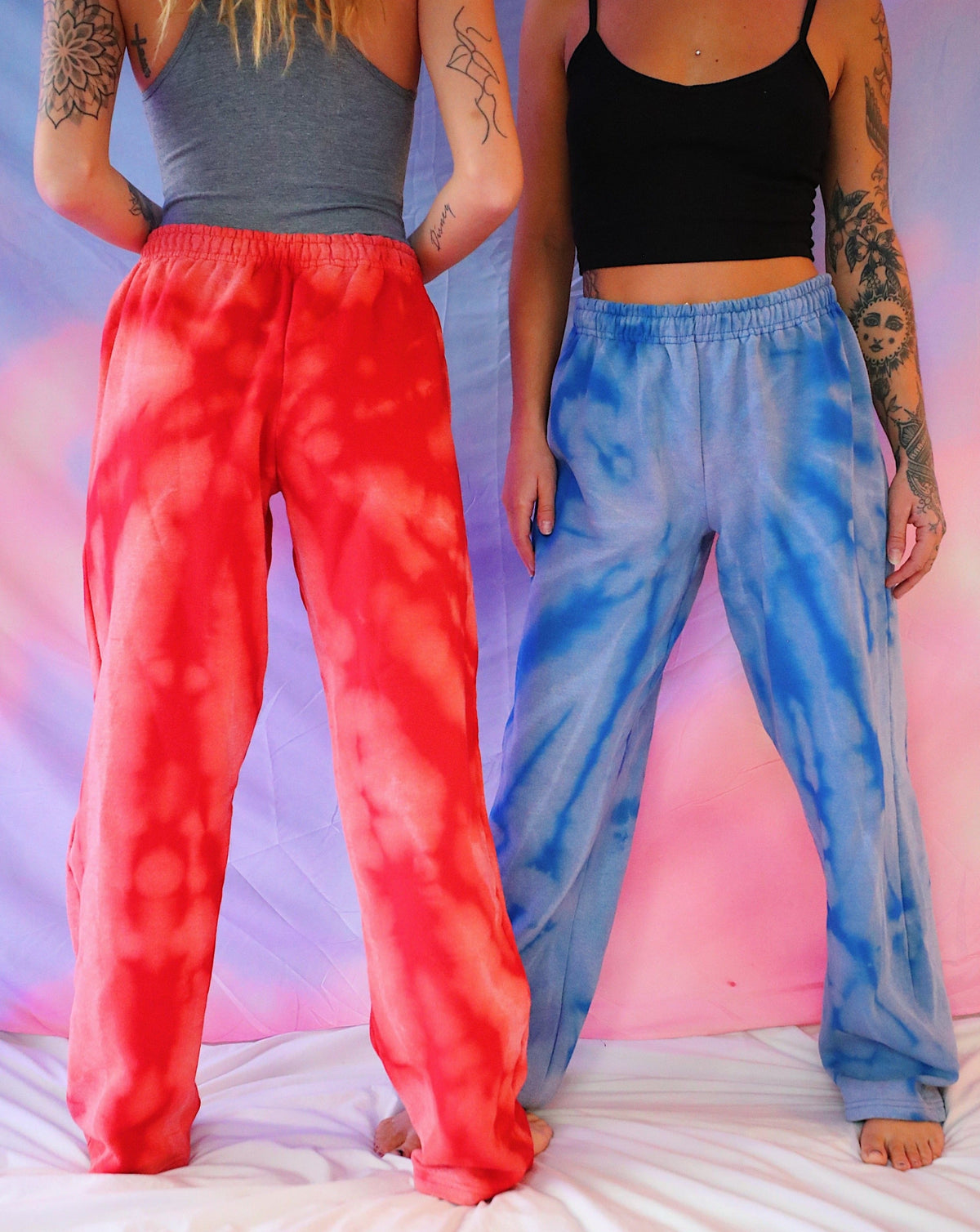 Red tie-dyed sweatpants and blue tie-dyed sweatpants